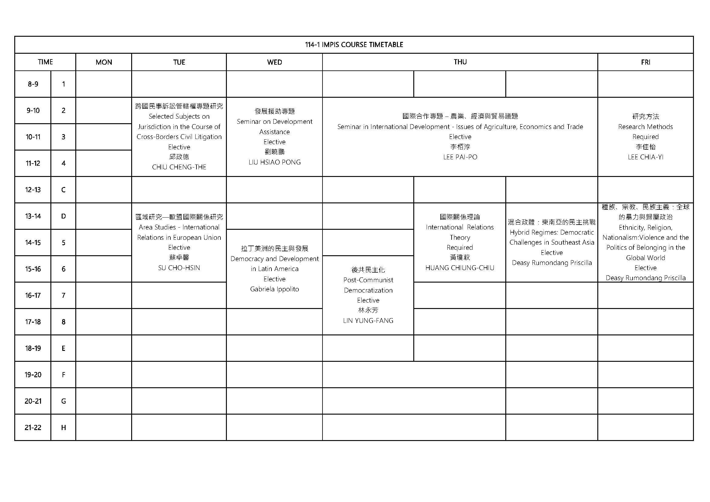 114-1 IMPIS COURSE TIMETABLE